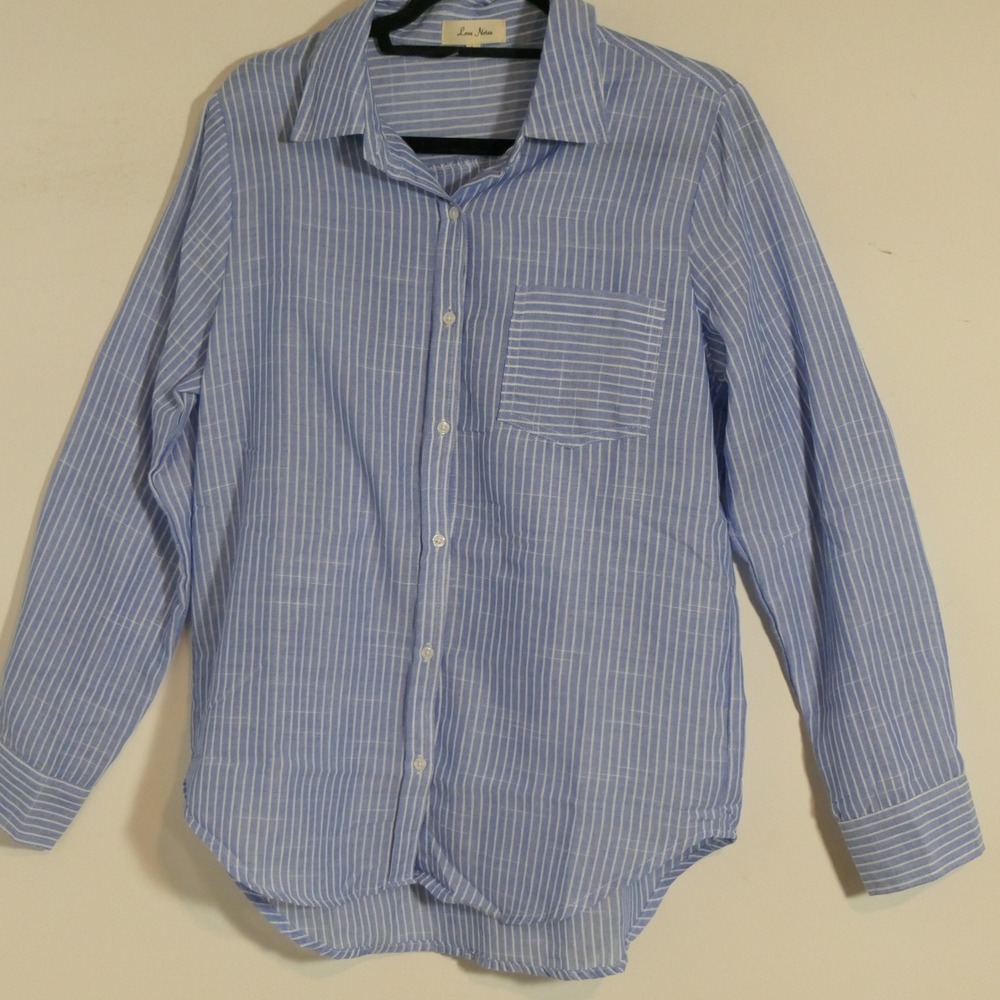 Love Notes Womens Shirt L Blue White Stripe Coastal Grandmother Preppy Hamptons